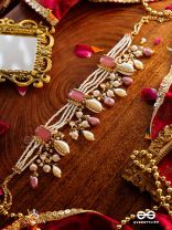 MANOHARA - CHARMING BEAUTY- ROYAL KUNDAN NECKLACE WITH PEARL STRINGS, SHELLS AND PINK GEM EMBELLISHMENTS