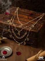 VARSHALEKHA - RAINFALL STROKES - ROYAL HERITAGE MULTI-STRAND KUNDAN NECKLACE WITH PEARL STRINGS AND POLKI DROPS