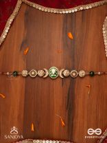 KAMINI - MOON GEM- MINIMALISTIC KUNDAN ENAMEL NECKLACE WITH FLORAL CENTER, PEARL SPHERES AND CELESTIAL DESIGN