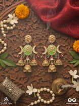 KALANIDHI – TREASURE OF ART – ORNATE CRESCENT GOLD DROP EARRINGS WITH ENAMEL AND TRIPLE BELLS