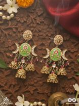 KALANIDHI – TREASURE OF ART – ORNATE CRESCENT GOLD DROP EARRINGS WITH ENAMEL AND TRIPLE BELLS
