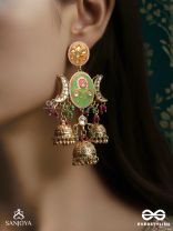 KALANIDHI – TREASURE OF ART – ORNATE CRESCENT GOLD DROP EARRINGS WITH ENAMEL AND TRIPLE BELLS