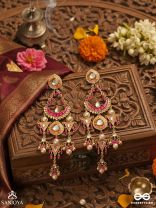 RUPANJALI – OFFERING OF BEAUTY – PINK-GOLD MULTI-TIER DROP EARRINGS WITH PEARLS AND CRYSTAL MOTIFS