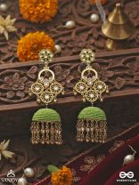 KALANJALI – ART OFFERING – HERITAGE GOLD MIRROR DROP EARRINGS WITH BEAD DOME AND CLUSTER HANGINGS