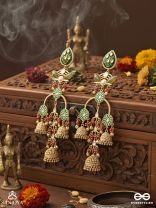 PRAKALYA – PURE ELEGANCE – ARTISANAL GREEN MOTIF DROP EARRINGS WITH RED ACCENTS AND GOLD JHUMKA CHAINS