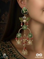PRAKALYA – PURE ELEGANCE – ARTISANAL GREEN MOTIF DROP EARRINGS WITH RED ACCENTS AND GOLD JHUMKA CHAINS