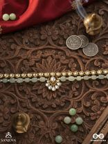 NAYANAMRITA – EYE PLEASING – PEARL-GREEN BEADED CHOKER NECKLACE WITH DAINTY KUNDAN LOTUS DROP