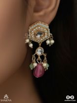 TAPANSHRI – BRIGHT RAY – GOLD CUTWORK MOTIF WITH REFLECTIVE STONES AND PINK BEAD EARRINGS