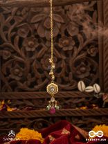 TAPANSHRI – BRIGHT RAY – GOLD CUTWORK MOTIF WITH REFLECTIVE STONES AND PINK BEAD MAANGTIKA