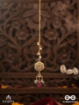 TAPANSHRI – BRIGHT RAY – GOLD CUTWORK MOTIF WITH REFLECTIVE STONES AND PINK BEAD MAANGTIKA