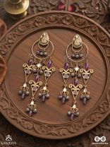 RANGVILASA – CASCADE OF JEWELS – ORNATE KUNDAN EARRINGS WITH PURPLE STONES, PEARL BEADS AND DECORATIVE FRAMES