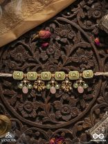 MRIDULIKA – BLOSSOMED GRACE – LOTUS MOTIF KUNDAN CHOKER NECKLACE WITH PASTEL GREEN ENAMEL, PEARL CLUSTERS AND SOFT PINK DROPS