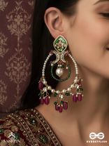 ALANKRITA – ORNAMENTAL DETAIL – ORNATE KUNDAN HOOP EARRINGS WITH FLORAL ENAMEL TOP, PEARL CIRCLE AND COLOURED DROP BEADS