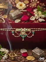 HARITSHRINGA – ORNAMENT OF GREEN GRACE – KUNDAN NECKLACE WITH EMERALD STONE CENTRES, DRAPED CHAINS AND GREEN BEAD DROPS