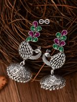The Dancing Peacocks Engraved Jhumkis (Ruby Emerald) - Embellished Oxidised Collection