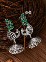 The Dancing Peacocks Engraved Jhumkis (Emerald Green) - Embellished Oxidised Collection