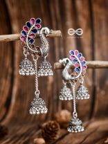The Enamelled Peacocks Triple Jhumki Statement Earrings - Blue-Pink-Brown