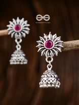 The Artsy Floral Jhumkis (Ruby Red) - Embellished Oxidised Collection