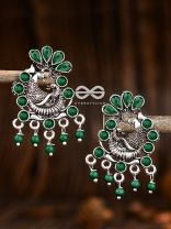 The Dangling Peacock Studs (Emerald Green) - Embellished Oxidised Collection