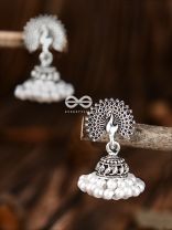The Triple Threaded Pearl Peacock Jhumkis - Tiny Trinket Earrings