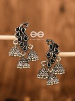The Elegant Triple Jhumki Peacocks (Onyx Black) - Embellished Oxidised Collection