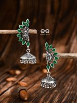 The Bohemian Elegance Floral Jhumkis (Emerald) - Oxidised Embellished Collection