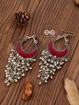 The Enamelled Moon Jhaalar (Red) - Oxidised Boho Earrings