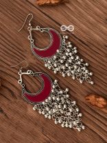 The Enamelled Moon Jhaalar (Red) - Oxidised Boho Earrings