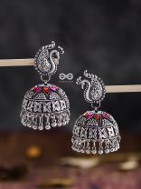 The Large Statement Peacock Jhumkas - Embellished Oxidised Collection