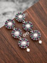 The Layered Boho Danglers (Ruby-Emerald) - Embellished Oxidised Earrings 
