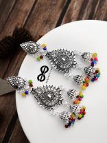 The Multicoloured Droplet Triple Jhumkis - Oxidised Boho Earrings