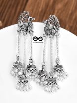 The Intricate Peacock Triple Hanging Jhumkis - Oxidised Boho Earrings