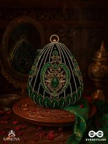 MEHREENA – OVAL DARK GREEN VELVET CLUTCH WITH INTRICATE HANDWORK AND GOLDEN METAL FRAME