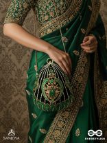 MEHREENA – OVAL DARK GREEN VELVET CLUTCH WITH INTRICATE HANDWORK AND GOLDEN METAL FRAME