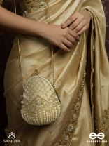 SAHIBA  – OVAL IVORY SILK CLUTCH WITH PEARL EMBEDDING AND GOLDEN METAL FRAME