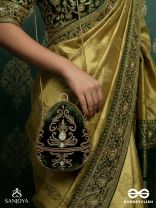 SABREEN - OVAL DEEP OLIVE GREEN VELVET HANDLE CLUTCH WITH RICH HAND DETAILING AND GOLDEN METAL FRAME