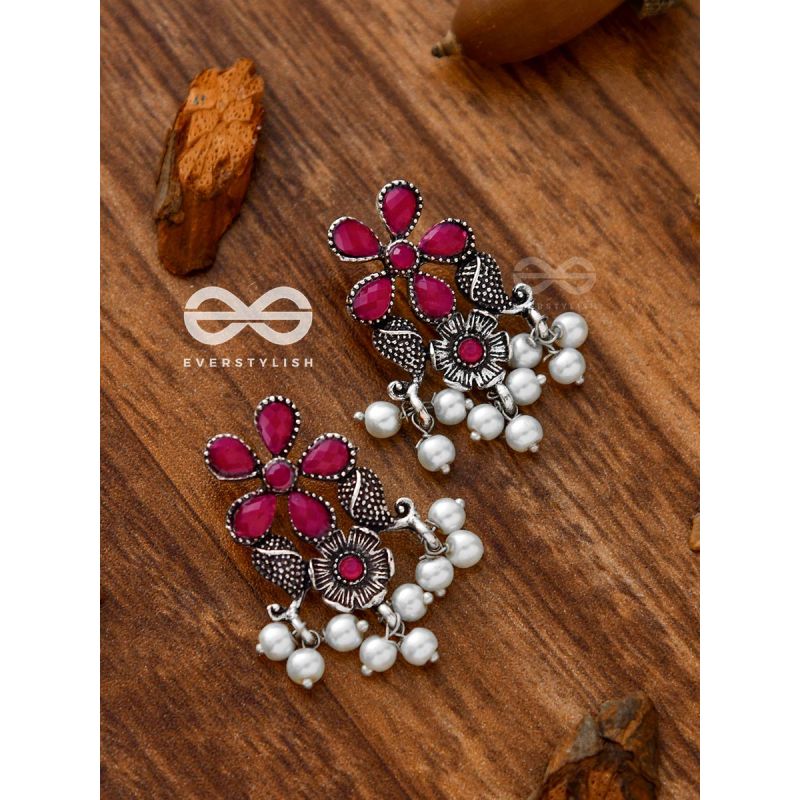'A Floral Fantasy' - Embellished Oxidised Earrings (Ruby Red)