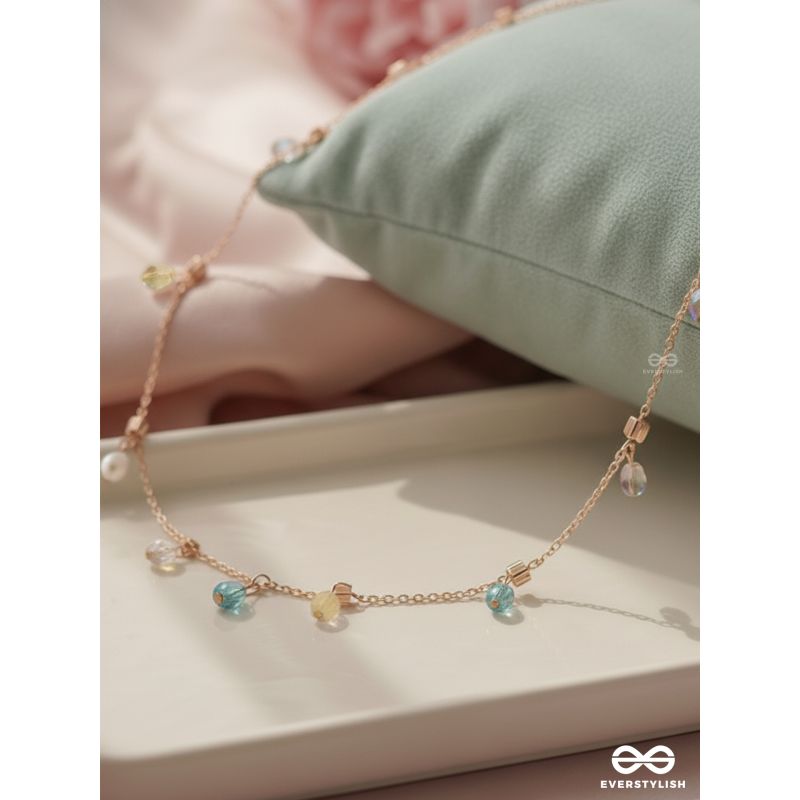 Rain In Paradise- Pearls And Crystals Studded Golden Necklace With Anti-Tarnish Coating