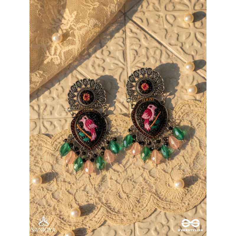 VIHANGIKA - FEATHERED FLIGHT ELEGANCE - STONE, GLASS DROPS AND RESHAM EMBROIDERED AND OXIDISED EARRINGS