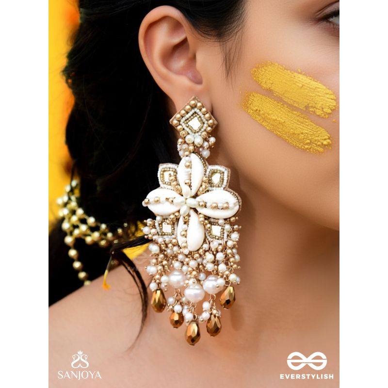 Sambuka- The Golden Snowflakes - Beads, Shells And Glass Drop Hand Embroidered Earrings