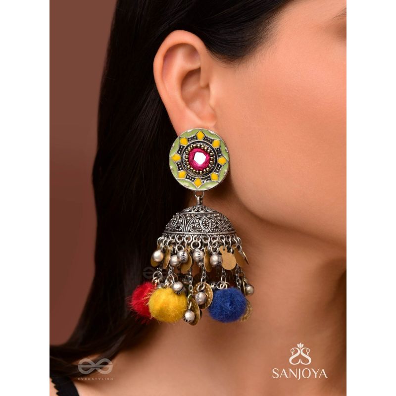 Asusama - Hues Of Happiness - Mirror And Coins Hand Embroidered Oxidised Jhumka Earrings