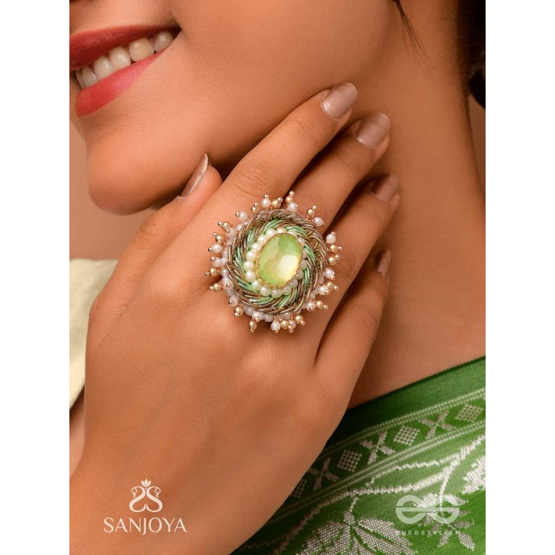 Dyutaka - The Enchanted Forest - Stone And Beads Hand Embroidered Ring (Adjustable)