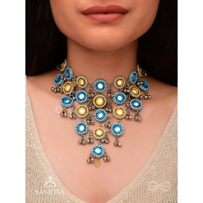 Parigha - The Cloud Line - Beads And Mirror Hand Embroidered Oxidised Neckpiece