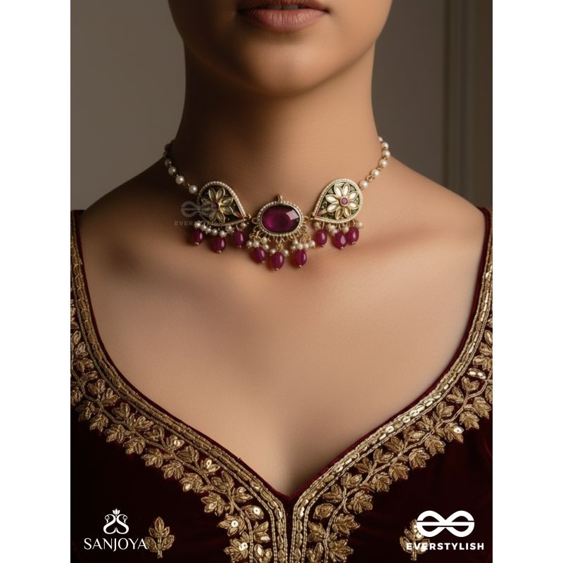 SINDURINI - VERMILION GRACE - STATEMENT KUNDAN POLKI NECKLACE WITH RED GEMSTONES AND ENAMEL ACCENTS