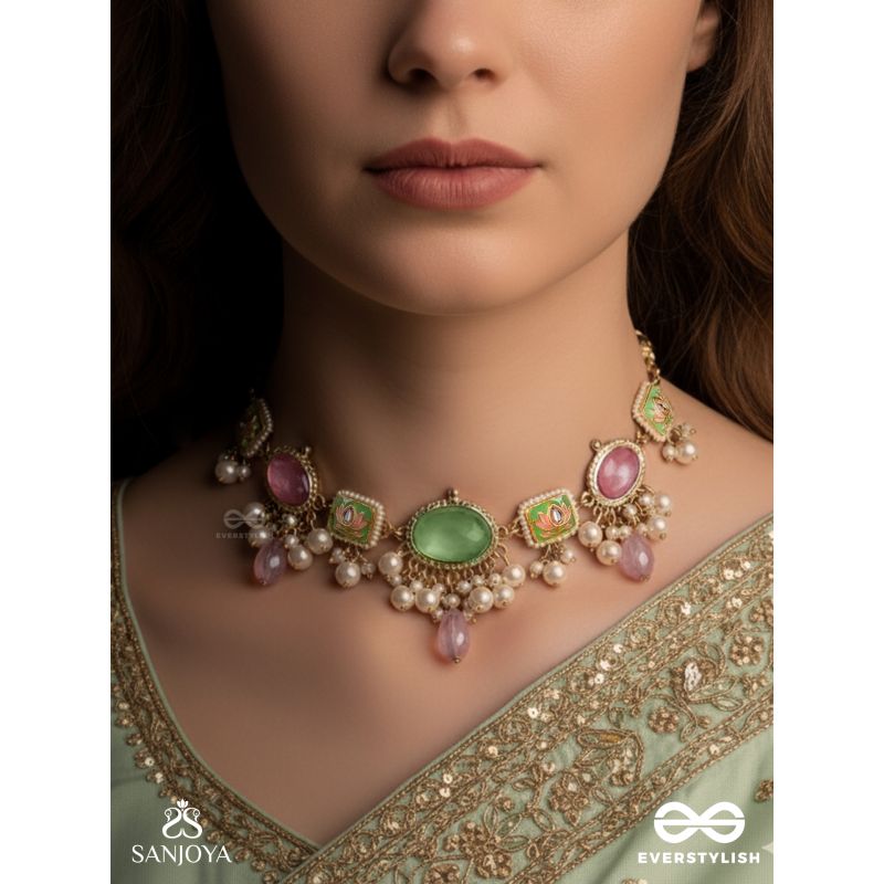 MRINALIKA - LOTUS PETAL - GRACEFUL ENAMELLED HANDCRAFTED KUNDAN NECKLACE WITH SOFT PASTEL GEMSTONES