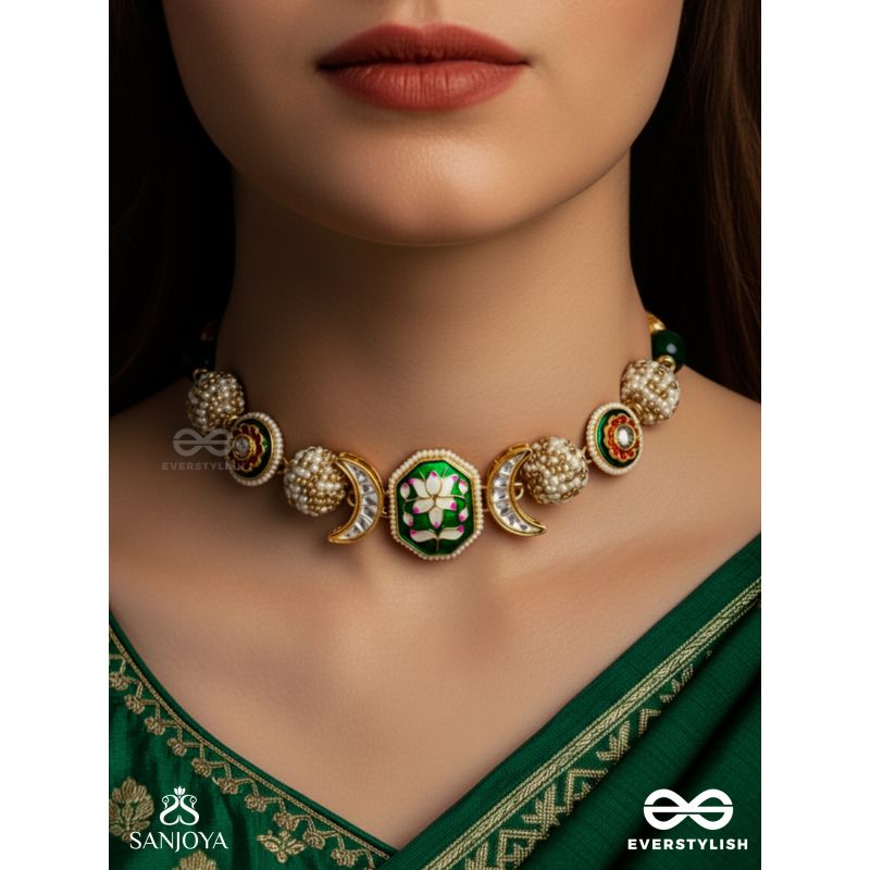 SHASHIRATNA - MOON GEM- MINIMALISTIC KUNDAN ENAMEL NECKLACE WITH FLORAL CENTER, PEARL SPHERES AND CELESTIAL DESIGN