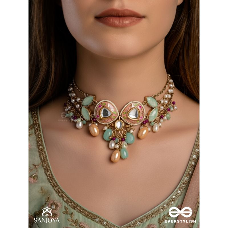 VASANTILATA - SPRING VINE- CHARMING PASTEL KUNDAN NECKLACE WITH GEMSTONES, BEADS AND PEARL DROPS