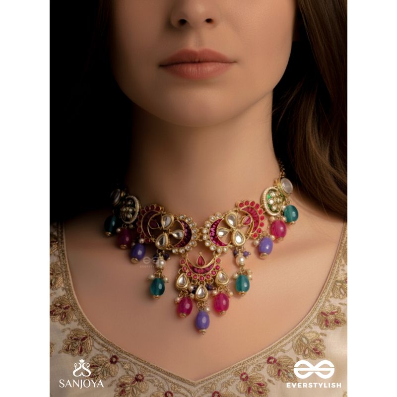 RANGAMAYA - FILLED WITH COLORS- INTRICATE KUNDAN CRESCENTS ENAMELLED NECKPIECE WITH VIBRANT BEADED FRINGES AND PEARLS