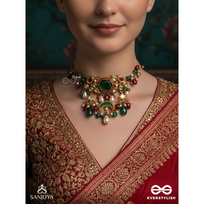 HARARASA - ESSENCE OF GREEN- KUNDAN NECKPIECE WITH PEARLS, BEADS AND GEMSTONE