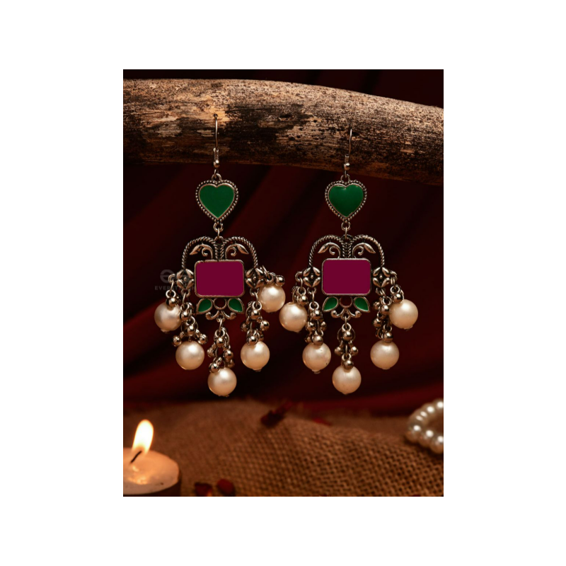 HEART & HERITAGE – OXIDISED EARRINGS WITH PEARLS AND ENAMEL